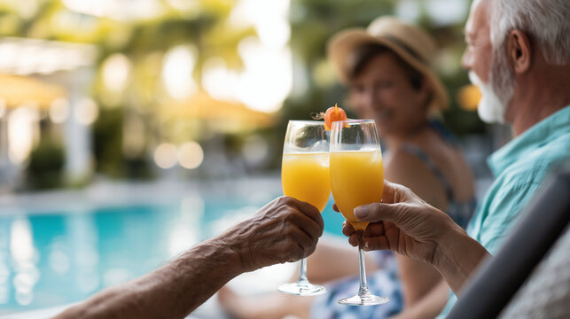 Faceless senior retired couple wearing swimming costumes making toast with non-alcoholic drinks relaxing by hotel pool on lounger on summer holiday, healthy choice, poolside