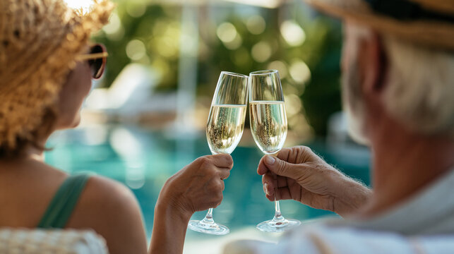 Faceless senior couple on holiday in swimming costumes drinking champagne by hotel swimming pool, resort vacation, poolside beverage, champagne moment, with copy space