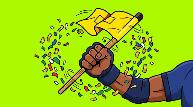Celebratory soccer icon arm holds flag with confetti flying around