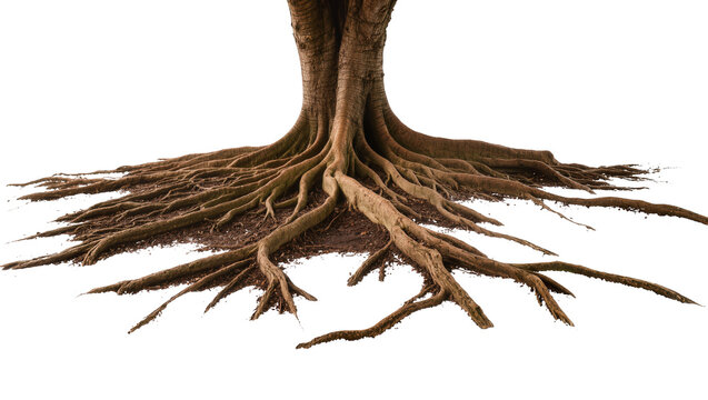 Isolated ancient tree trunk with extensive, gnarled root system spreading on the ground