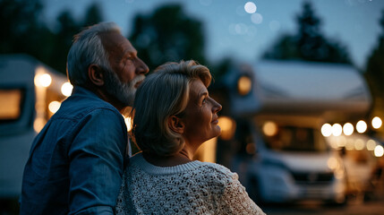 Obraz premium Defocused faceless senior couple stargazing together outside rv during countryside camping night, soft focus nocturnal moment, starry sky, blurred observation, with copy space