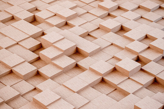 Abstract isometric 3D wooden cubes background. Full frame natural wood block perspective grid texture.