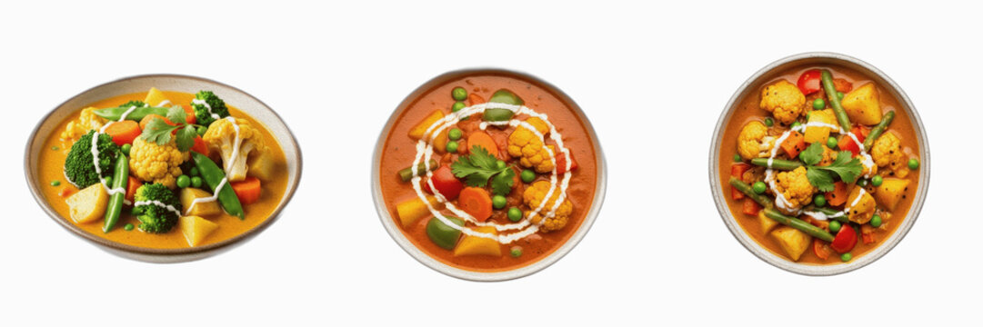 Vegetable Curry Bowls Set Isolated on White Background PNG. Delicious Indian Korma with Broccoli, Carrots, Potatoes and Cream Swirl for Food Design, Restaurant Menu, and Healthy Eating Graphic Assets.