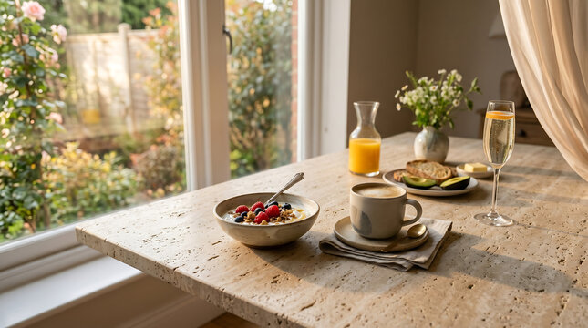 Elegant breakfast setup on stone table with fresh berries, coffee and natural light