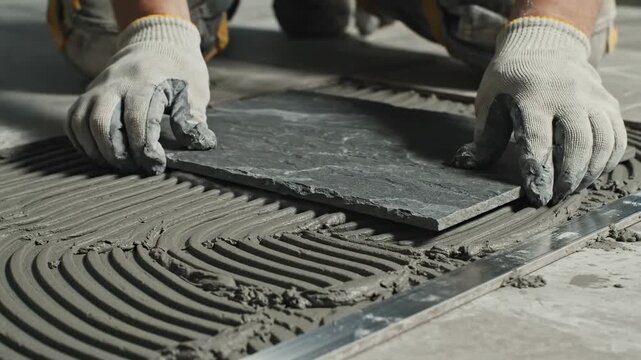 Professional Tiler Installing Large Format Slate Tile on Combed Adhesive Floor perfect for home renovation and construction projects.