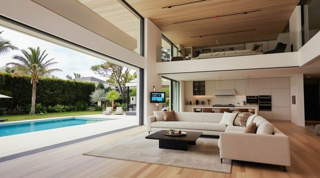 Modern luxury house with open living space and swimming pool. Large glass doors connect interior to tropical garden. Sleek kitchen and loft bedroom complement minimalist design.