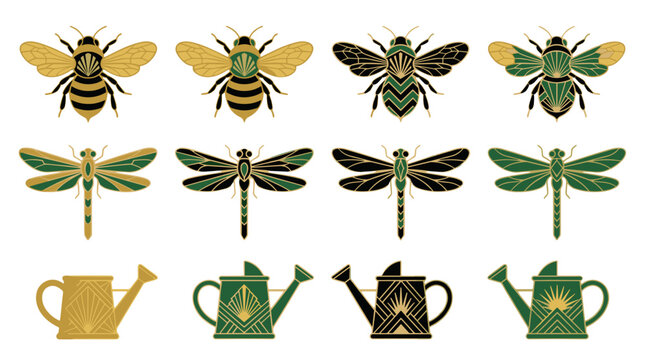 Collection of cartoon bees and bees with watering cans