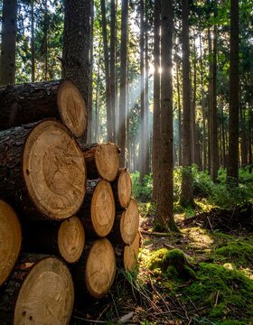 Sunlit Pine Logs Stacked in Dense Forest with Morning Rays