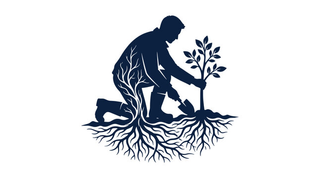 Silhouette of person planting tree with roots visible