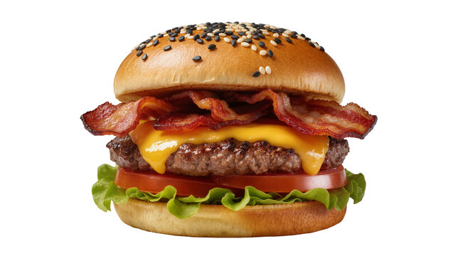 Isolated delicious bacon cheeseburger with fresh ingredients, melted cheese, and toasted bun