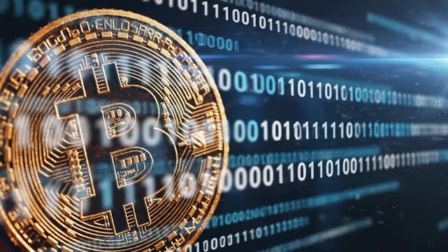 Golden Bitcoin Cryptocurrency Coin with Digital Binary Code Background and Blue Light Flares, Ideal for Financial Technology Concepts.