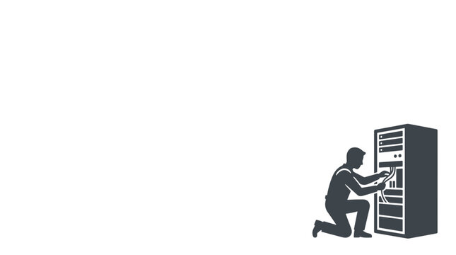 Silhouette of person working on server rack in data center environment