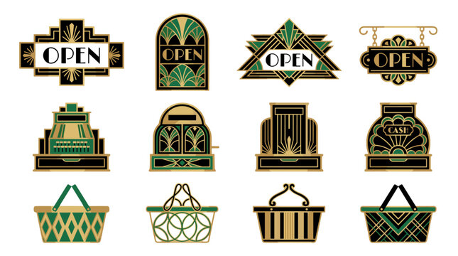 Collection of vintage open sign icons with retro design elements