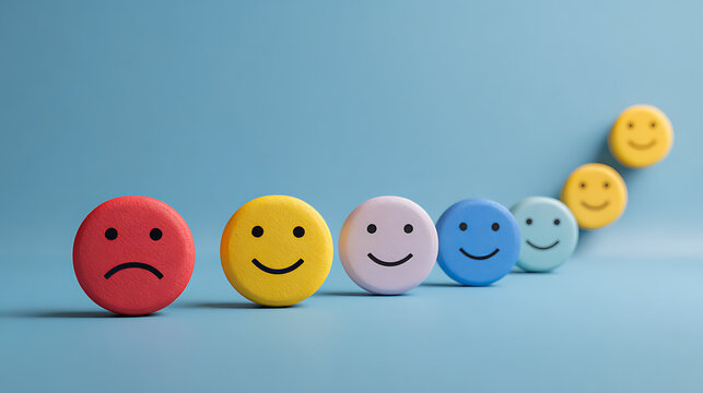 Emotional wellbeing concept showing progression from sadness to happiness, symbolizing mental health improvement, resilience, recovery, positivity and personal growth