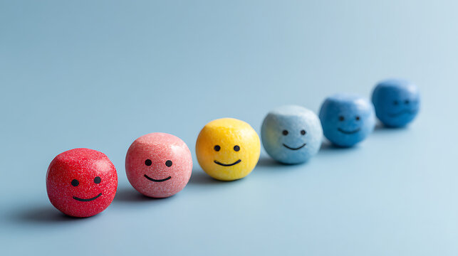 Positive mental health concept with smiling colorful faces in a row, symbolizing emotional wellbeing, optimism, happiness, resilience, self-care, growth and life satisfaction