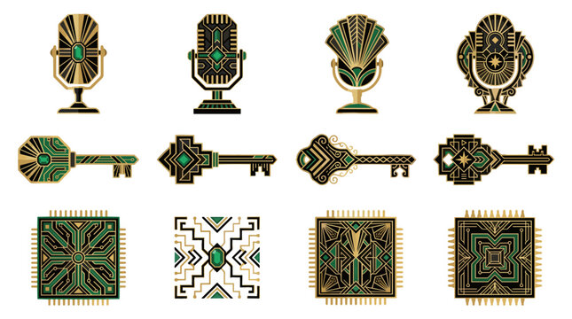 Set of vintage ornate keys and decorative geometric patterns