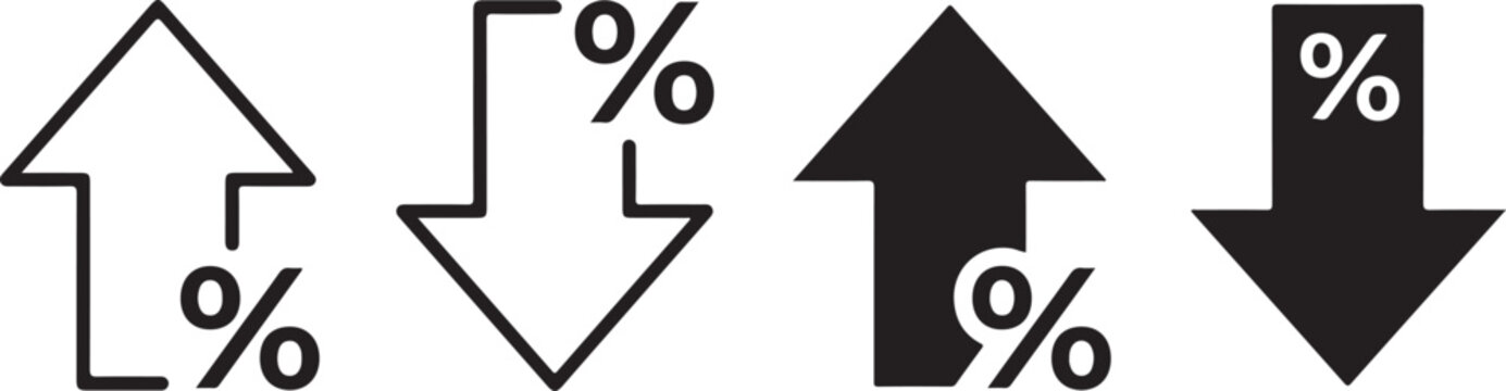 Set of percentage increase and decrease icons, arrow symbols with percent sign