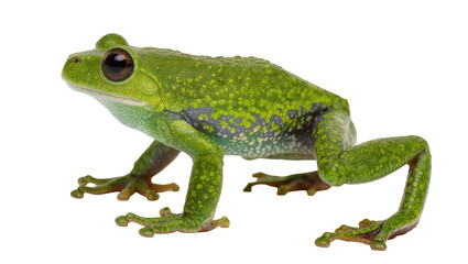 Obraz premium Isolated vibrant green tree frog with large brown eyes, detailed textured skin, exotic amphibian