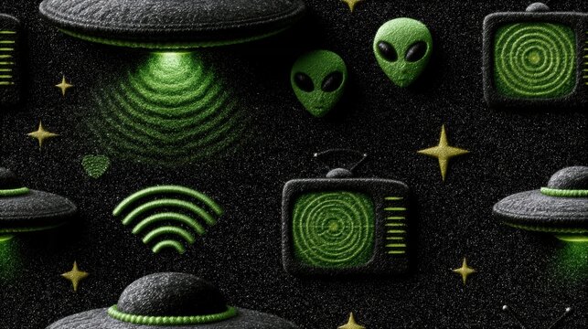 s sci-fi pattern, vintage flying saucers, radar screens, alien heads, stars, and signal waves form a seamless, retro sci-fi pattern in muted desert tones with neon highlights