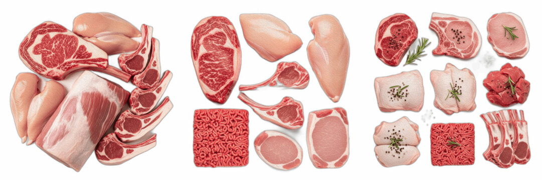 Raw meat variety set transparent PNG, fresh beef steak chicken breast lamb chops and minced meat layout, butcher shop product assortment clipart for grocery store flyer culinary website restaurant men