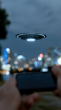realistic viral social media post showcasing shaky footage of a ufo over a modern city at night, combining cinematic realism with found-footage style