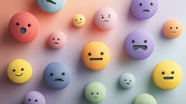 Colorful emoji faces expressing different emotions from happiness to sadness and anxiety. Mental health concept illustrating mood, feelings, emotional wellbeing and psychology