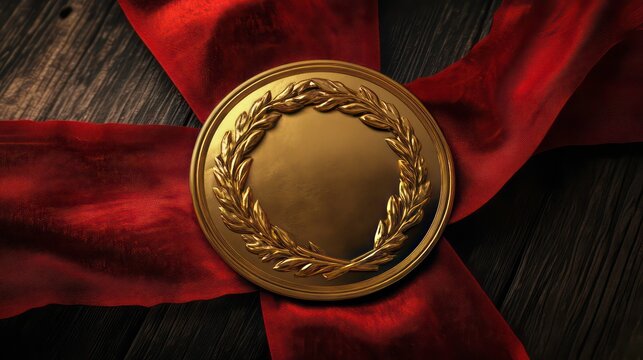 A gold medal with a laurel wreath design is surrounded by a red ribbon on a dark wooden background.