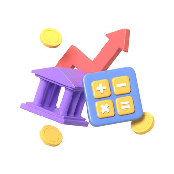 Vibrant 3D rendering illustrating financial growth: bank calculator coins and rising arrow on a for business concepts.3d render