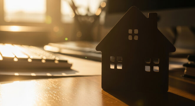 Silhouette Small House Model Symbol on Wooden Table with Computer Keyboard, Pencils, and Notebook in Background. Real Estate or Property Investment Concept