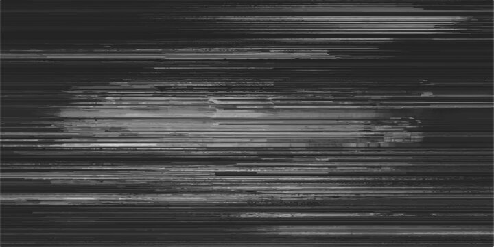 Distorted horizontal lines and digital noise create a glitch art effect, evoking a sense of technological disruption and abstract visual chaos.