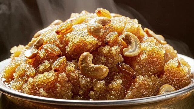 Delicious Traditional Indian Halwa Dessert With Cashew Nuts Presented In A Bowl With Rising Steam And Rich Texture Perfect For Festive Celebrations