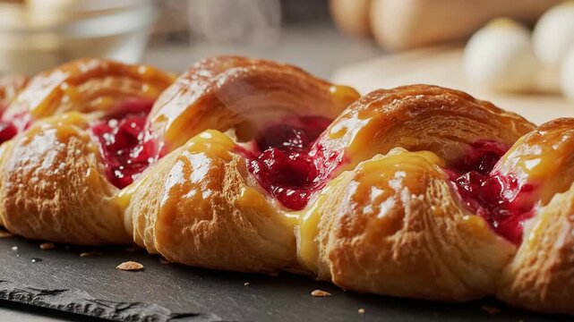 Deliciously Baked Raspberry-Filled Croissant Pastry on Slate Board, Showcasing Flaky Layers and Tempting Filling for Culinary Photography and Gourmet Food Styling