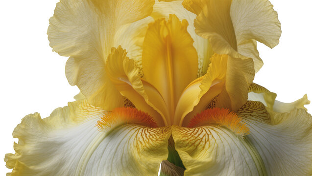 Isolated close-up of a vibrant yellow and cream bearded iris flower with intricate details