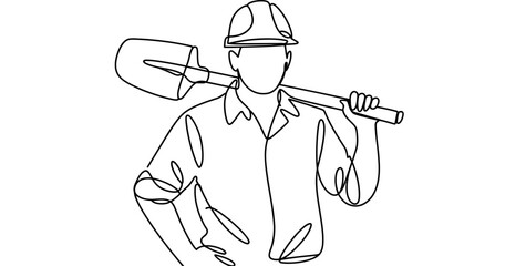 Continuous single line drawing of a construction worker wearing a hard hat helmet and carrying a shovel tool on his shoulder in a simple minimalist style Vector, illustration © Single Line 2019