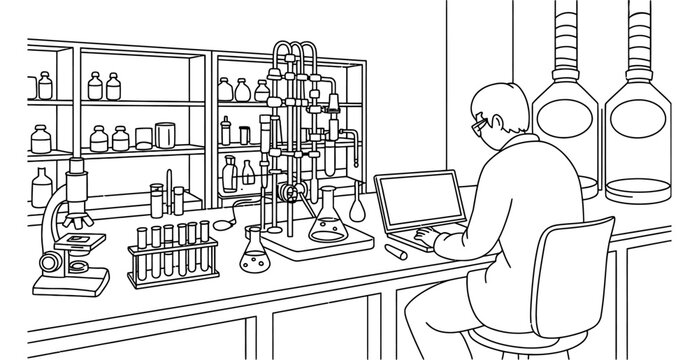 A scientist working on a laptop at a laboratory desk with science equipment like a microscope and test tubes in a detailed black and white line art drawing Vector, illustration
