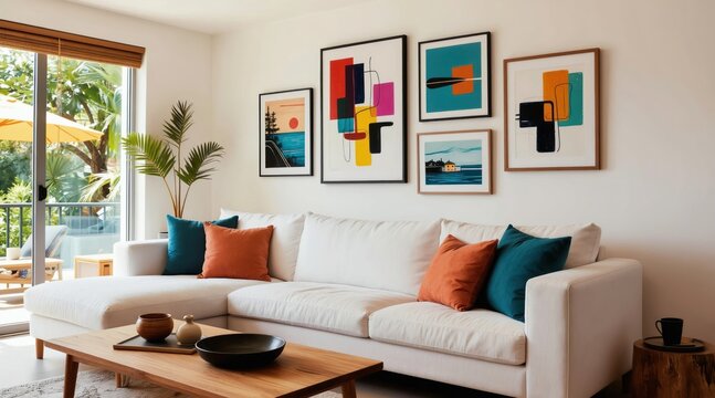 Modern living room with sectional sofa and gallery wall. Colorful abstract art prints and landscape paintings adorn white walls. Bright space has large window with green plants and outdoor patio view.