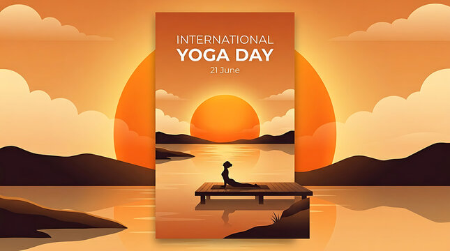 International yoga day sunset lake meditation landscape poster