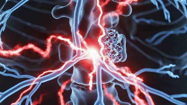 Detailed 3D Render of Human Anatomy Featuring Circulatory System and Spine in Luminous Blue on a Dark Background for Medical Visuals and Education