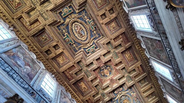 Cinematic View Of The Ornate Interior And Ceiling In Basilica Of Santa Maria In Aracoeli Rome
