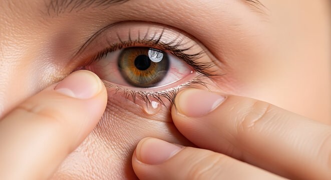 Close up of irritated bloodshot eye with a tear. Human eye with red veins and fingers pulling down lower eyelid
