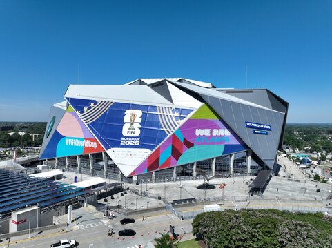 Amazing drone photo of FIFA decorated Mercedes-Benz Stadium in Atlanta Georgia on a clear sunny day