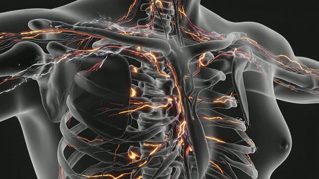 Detailed Anatomical Illustration of Human Circulatory System Featuring Veins and Arteries on Solid Black Background