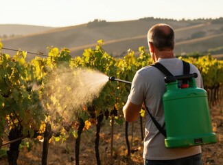 Farmer sprays grape vines with pesticide in Italian hills. Man uses backpack sprayer on vineyard plants. Sun sets over cultivated fields showing rural agriculture.