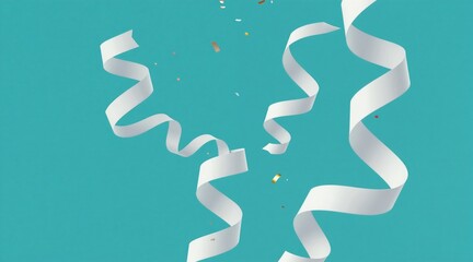 Obraz premium White ribbons and gold confetti swirl against a teal background. Festive streamers cascade and dance, creating a vibrant and dynamic party atmosphere for any celebration.