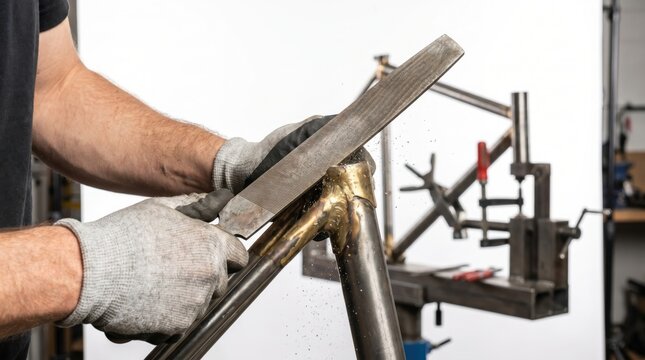 Metalworker using a hand file to smooth the brass brazed joints on a custom steel bicycle frame