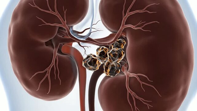 Detailed Illustration of Human Kidneys with Highlighted Kidney Stones and Renal Structure Against Clear Background