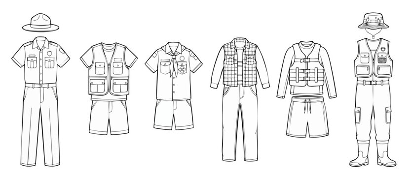 Scout ranger uniform line art vector icons of coloring page camper apparel. Adventure clothing set featuring park ranger, fisher, hiker outfits, utility vest, safari gear, and camping wear.
