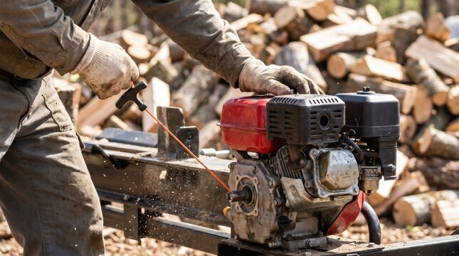 Man pulling the recoil starter cord to start a red gasoline engine on a log splitter