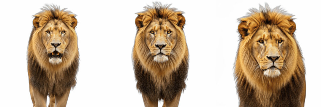 Collection of Three Front-Facing Male Lion Portraits Isolated on White Background, Detailed Big Cat Faces, Set of Wild African Lion Animals for Wildlife Design, Professional High Quality Photographic 