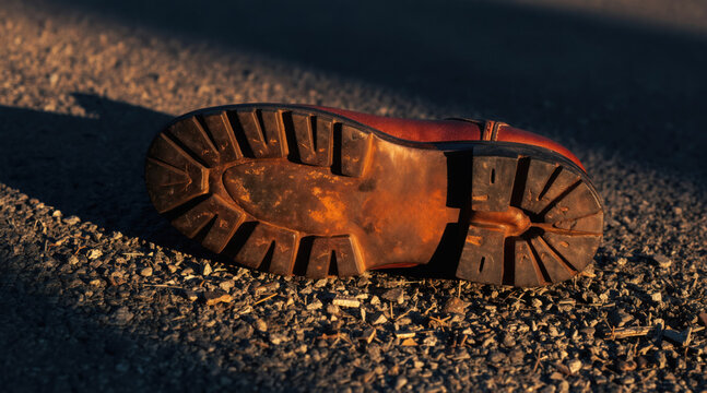 Brown leather boot sole rests on gritty urban pavement surface. Detailed tread pattern shows wear from use on city streets. Rugged footwear texture highlights weathered vintage aesthetic, suggesting